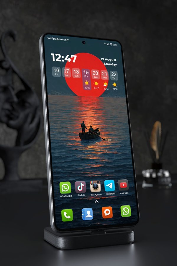 Phone Wallpaper 7334 - Crimson Sun Over a Dark Ocean Journey