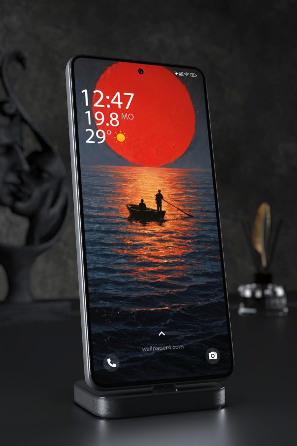 Mobile Wallpaper 7334 - Crimson Sun Over a Dark Ocean Journey