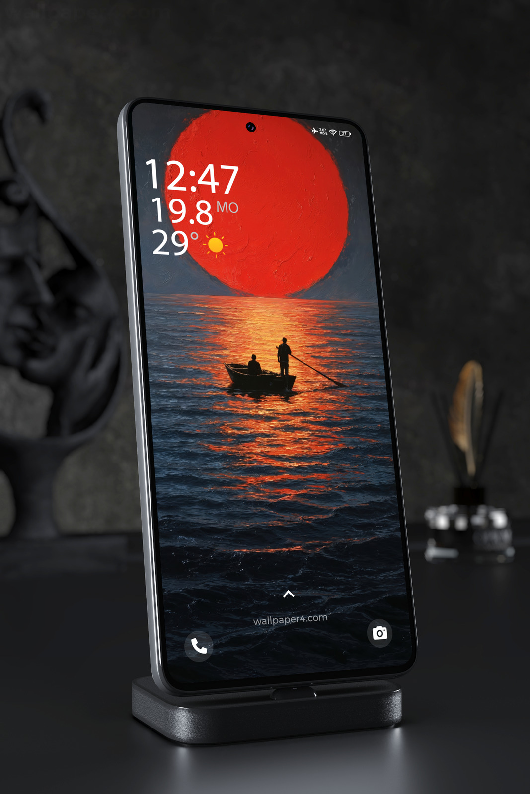 Mobile Wallpaper 7334 - Crimson Sun Over a Dark Ocean Journey