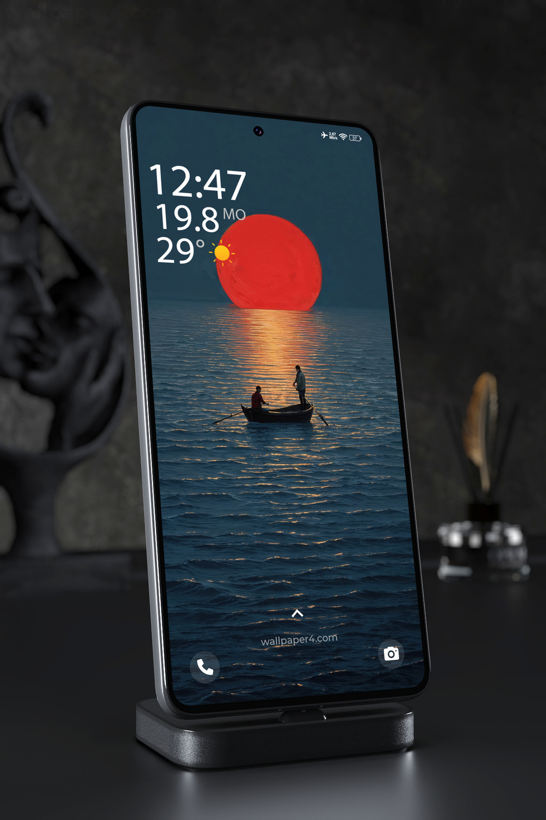 Mobile Wallpaper 7334 - Crimson Sun Over a Dark Ocean Journey