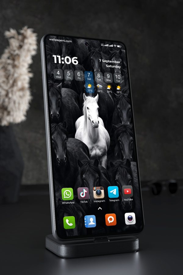 Phone Wallpaper 7338 - White Horse Among Black Horses in the Dark