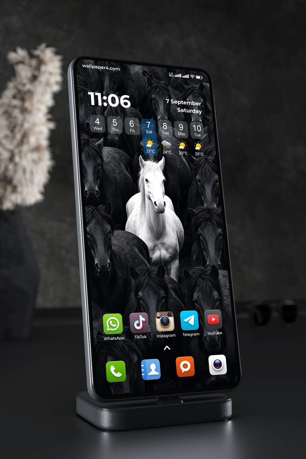 Phone Wallpaper 7338 - White Horse Among Black Horses in the Dark