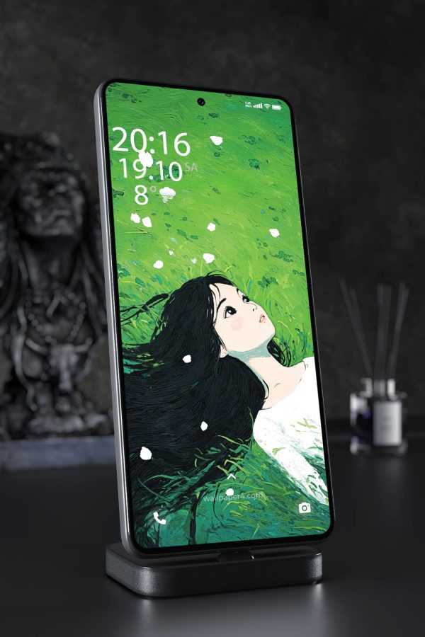 Phone Wallpaper 7351 - Dreaming Girl in a Vivid Green Meadow