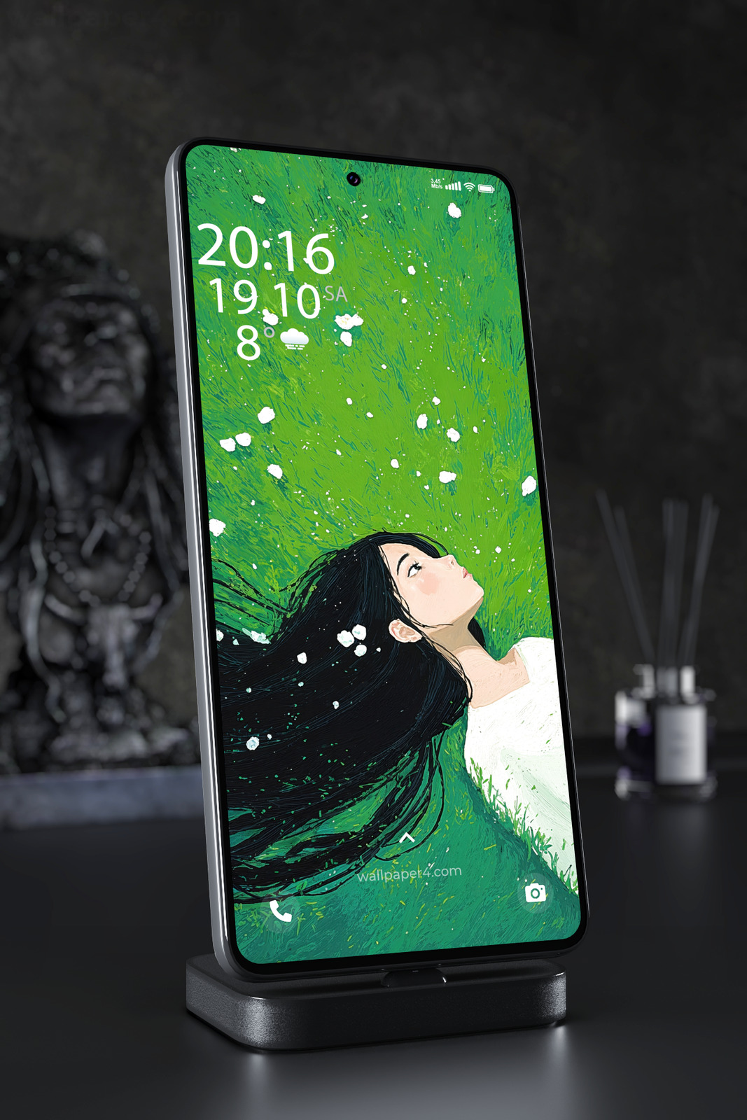 Mobile Wallpaper 7351 - Dreaming Girl in a Vivid Green Meadow