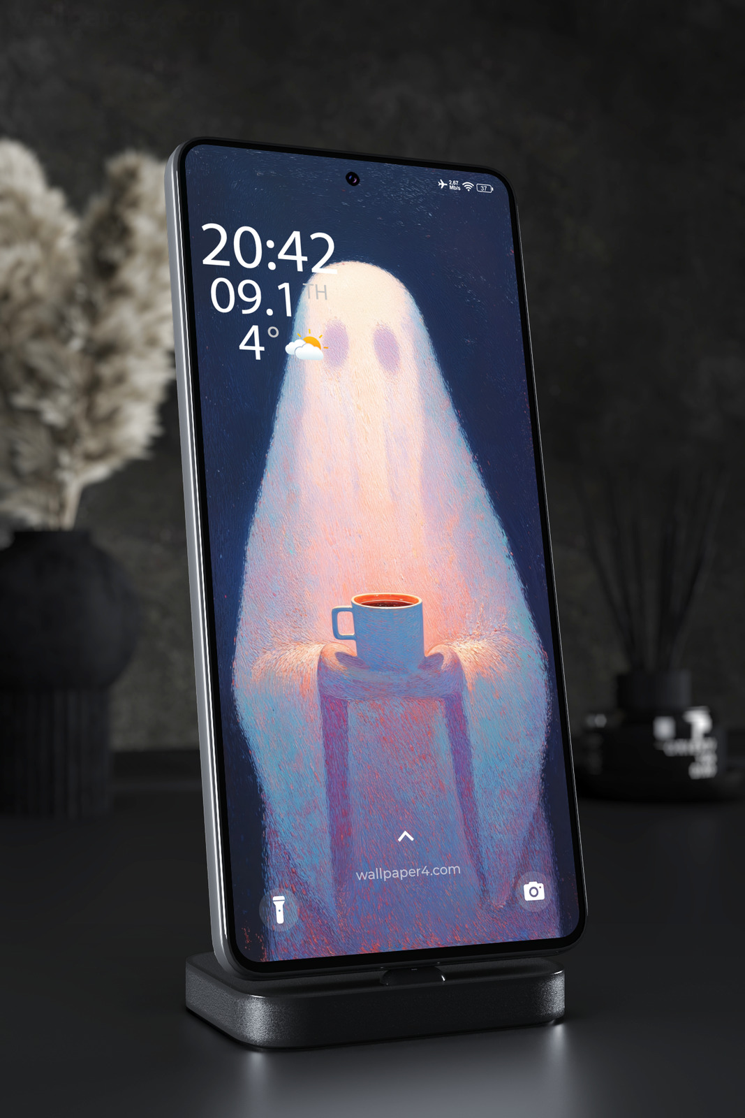 Phone Wallpaper 7374 - Cozy Ghost Holding a Warm Mug in the Dark