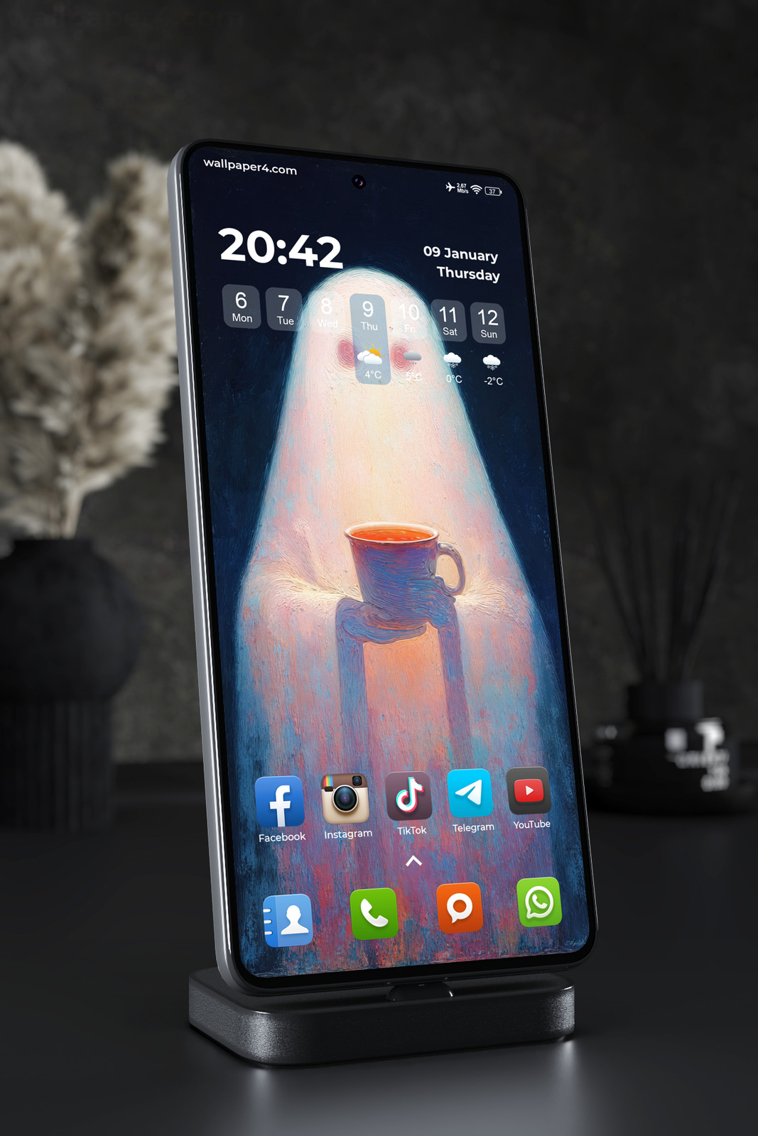 Mobile Wallpaper 7374 - Cozy Ghost Holding a Warm Mug in the Dark