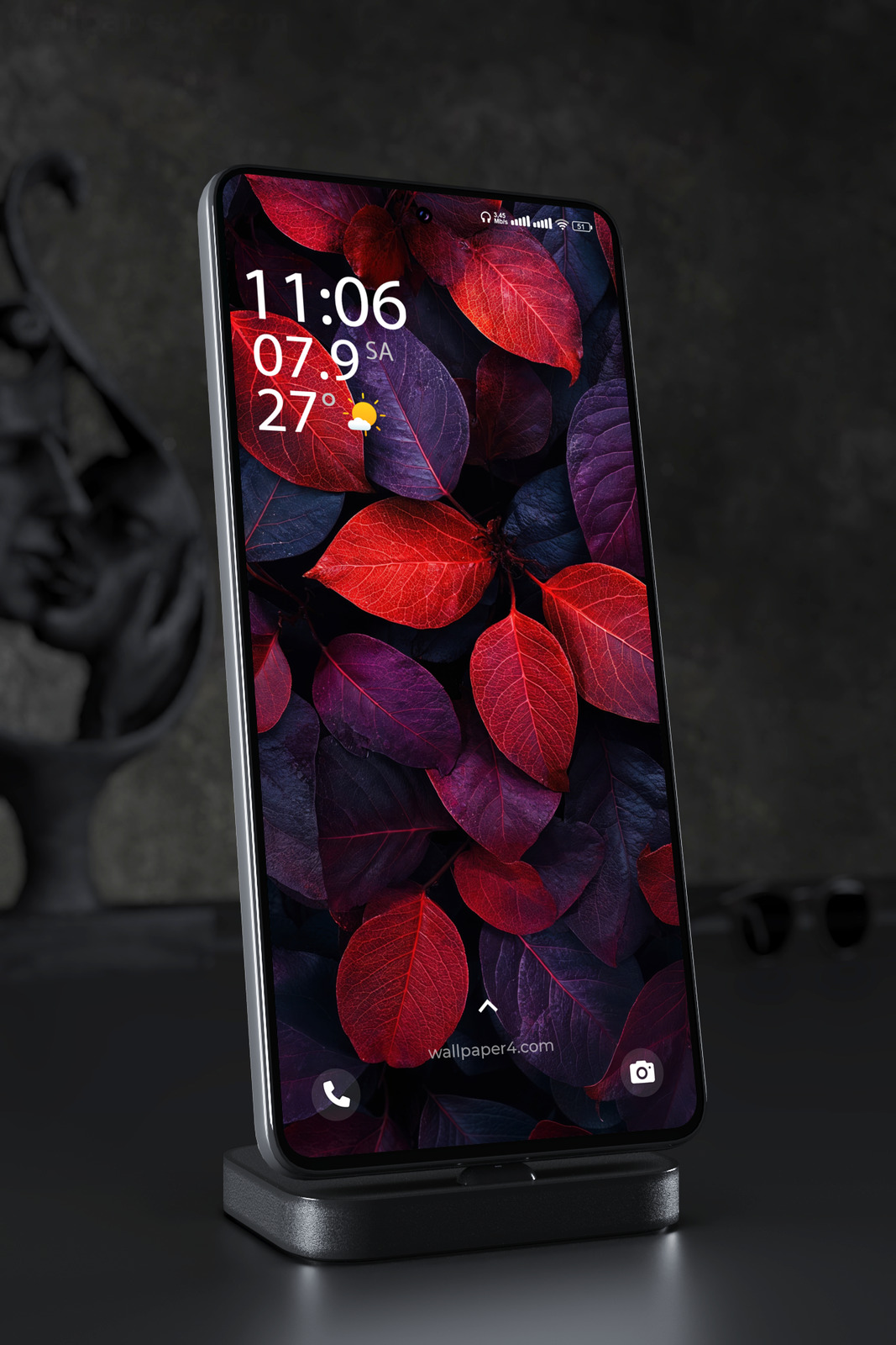 Phone Wallpaper 7383 - Crimson and Purple Leaves in Dark Botanical Style