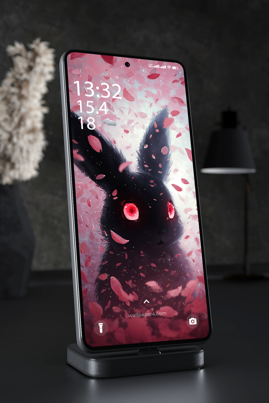 Phone Wallpaper 7386 - Black Rabbit with Red Eyes and Pink Petals
