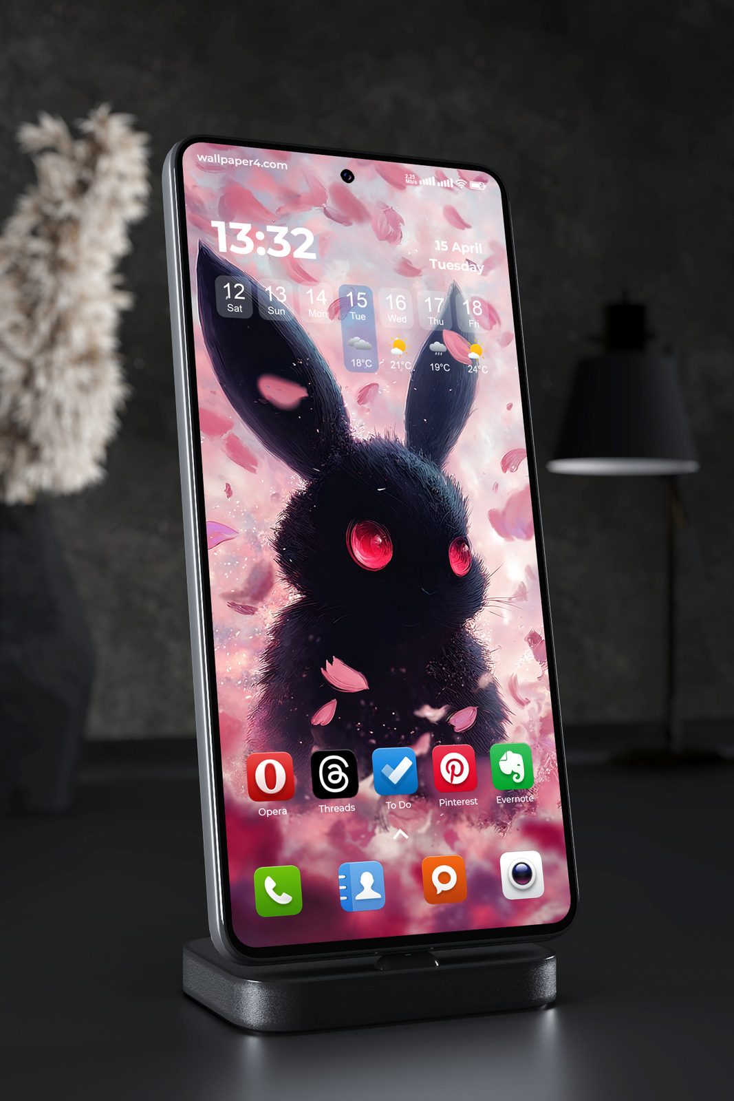 Mobile Wallpaper 7386 - Black Rabbit with Red Eyes and Pink Petals