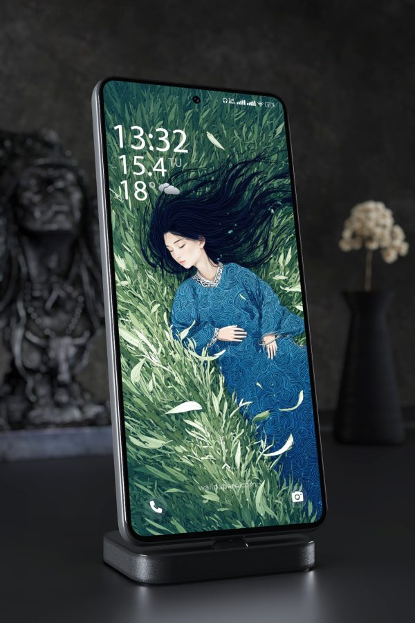 Phone Wallpaper 7398 - Sleeping Woman in an Enchanted Green Meadow
