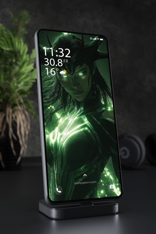 Phone Wallpaper 7403 - Emerald Dark Goddess in Horned Armor
