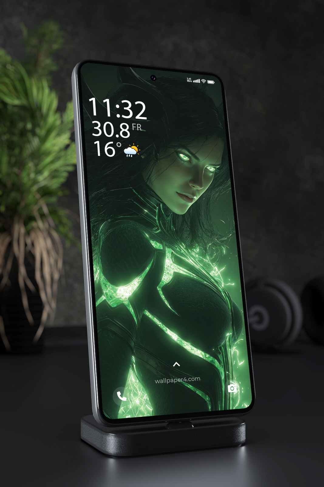Mobile Wallpaper 7403 - Emerald Dark Goddess in Horned Armor