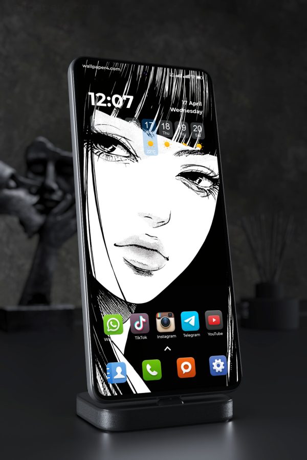 Phone Wallpaper 7408 - Monochrome Manga Girl with Mysterious Eyes