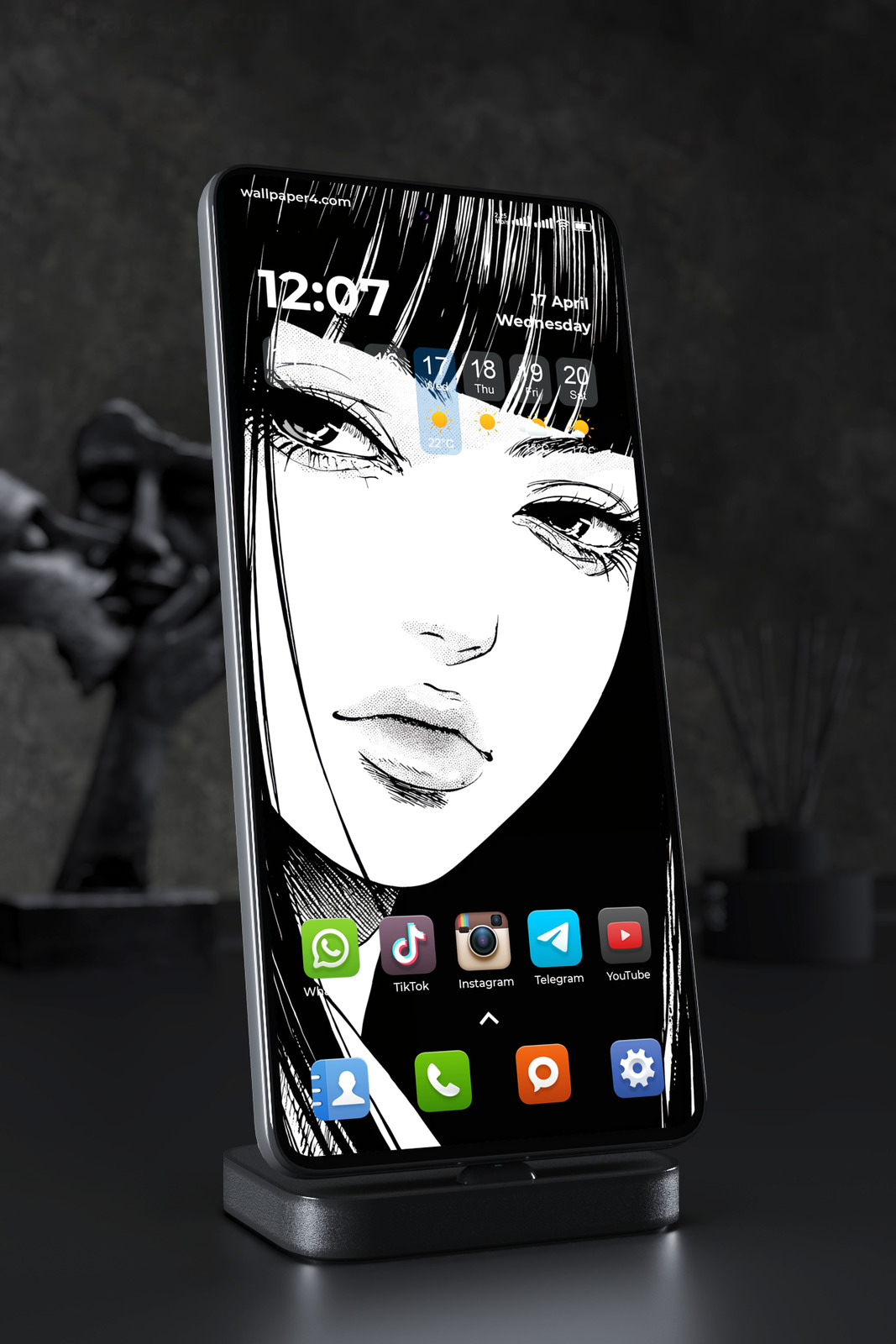Phone Wallpaper 7408 - Monochrome Manga Girl with Mysterious Eyes