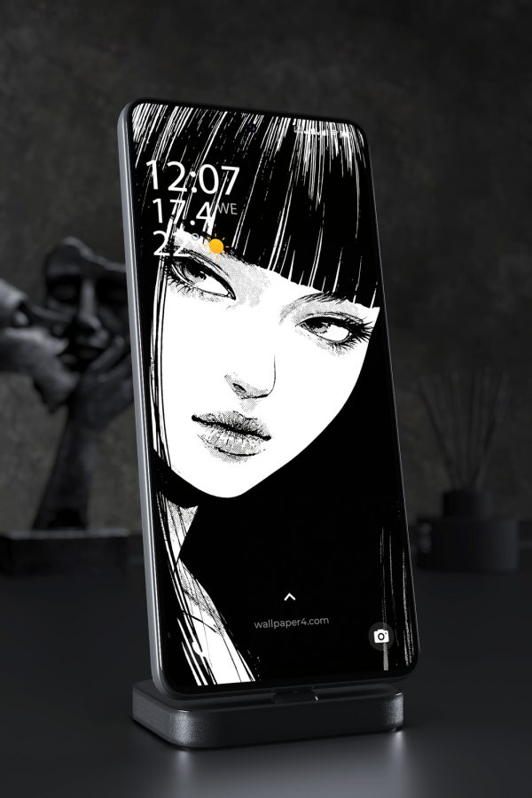 Mobile Wallpaper 7408 - Monochrome Manga Girl with Mysterious Eyes