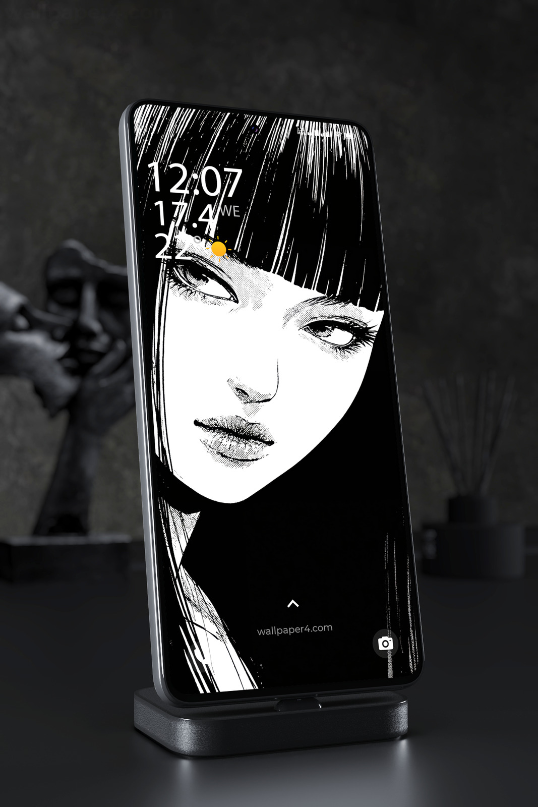 Mobile Wallpaper 7408 - Monochrome Manga Girl with Mysterious Eyes