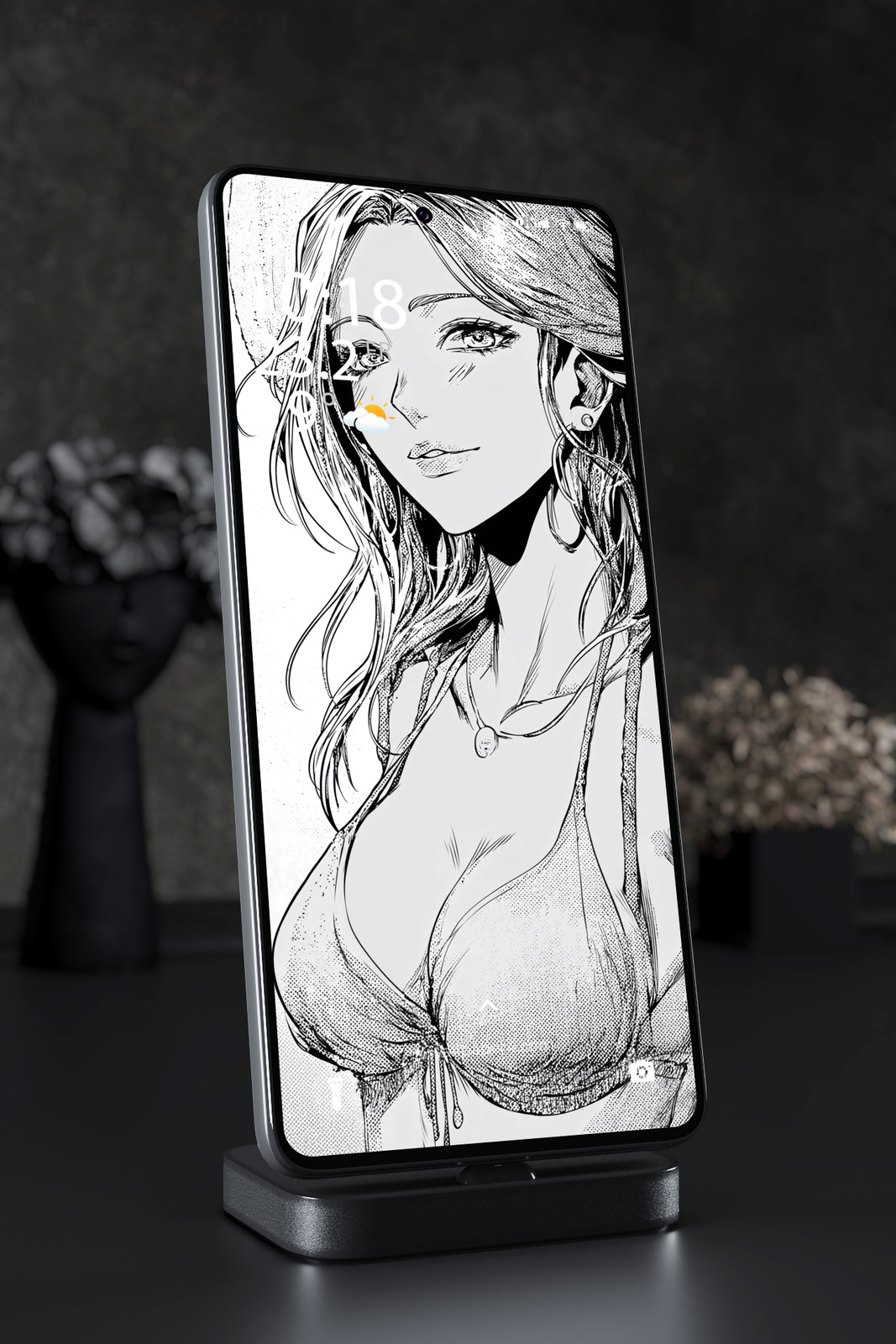 Phone Wallpaper 7412 - Elegant Woman Manga Ink Portrait in Monochrome