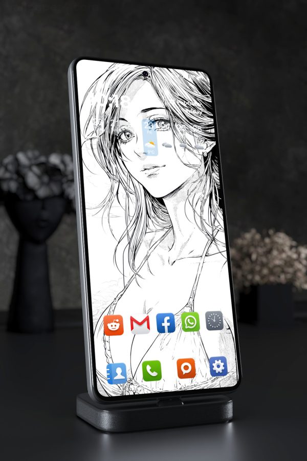 Mobile Wallpaper 7412 - Elegant Woman Manga Ink Portrait in Monochrome