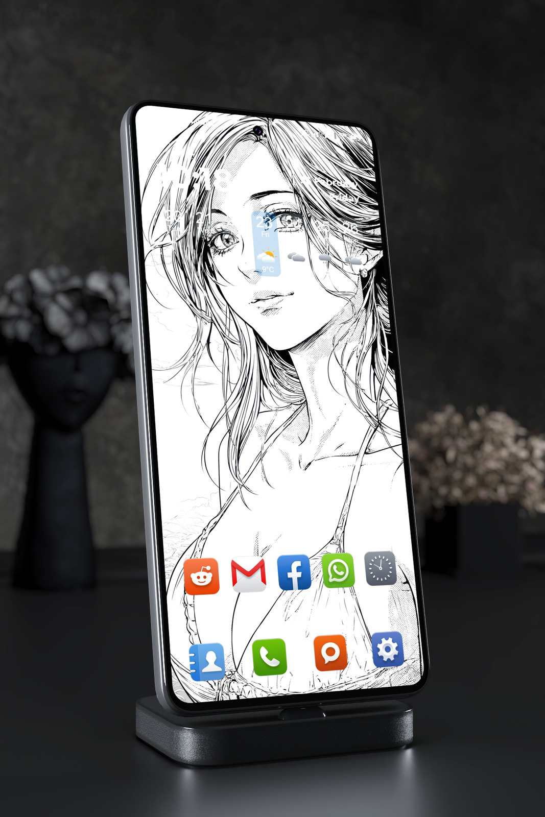 Mobile Wallpaper 7412 - Elegant Woman Manga Ink Portrait in Monochrome