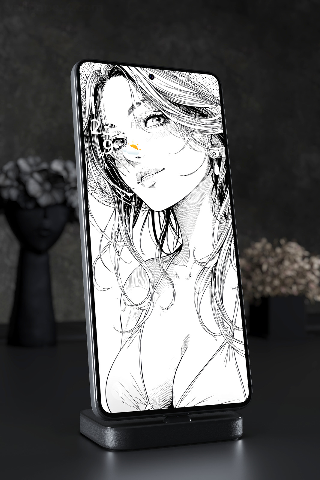 Mobile Wallpaper 7412 - Elegant Woman Manga Ink Portrait in Monochrome