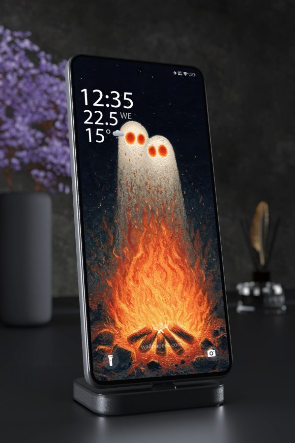 Mobile Wallpaper 7431 - Two Friendly Ghosts Above a Glowing Campfire