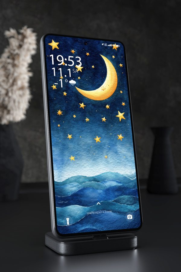 Phone Wallpaper 7439 - Golden Crescent Moon Over Dreamy Blue Waves