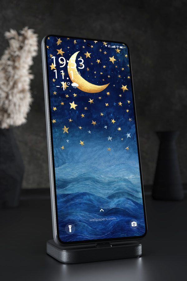 Mobile Wallpaper 7439 - Golden Crescent Moon Over Dreamy Blue Waves