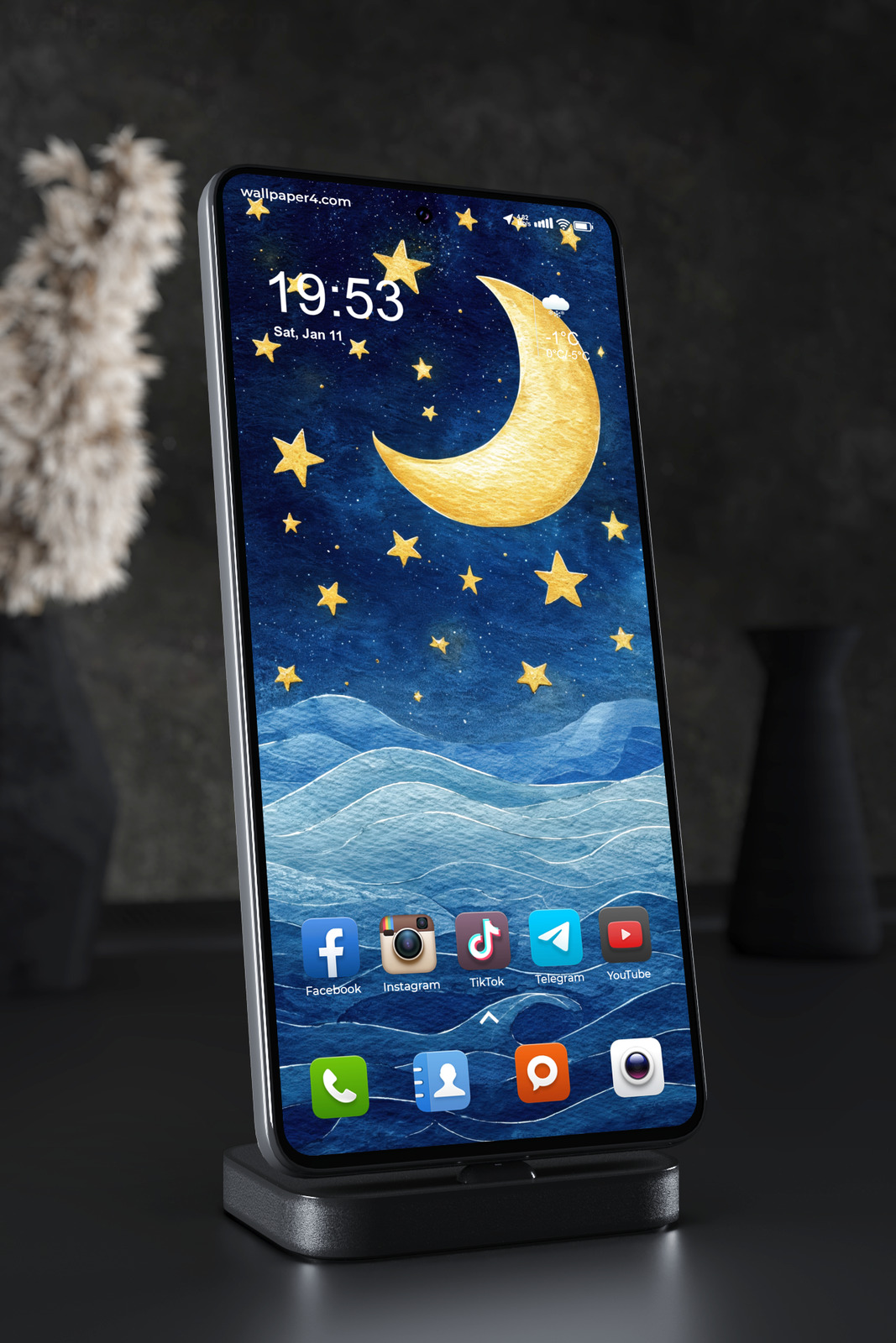 Mobile Wallpaper 7439 - Golden Crescent Moon Over Dreamy Blue Waves