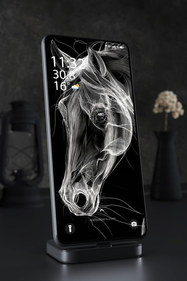 Phone Wallpaper 7448 - White Line Art Horse on a Deep Black Background