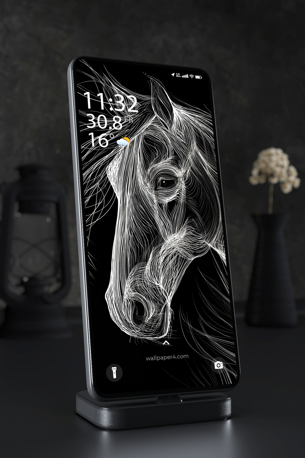 Mobile Wallpaper 7448 - White Line Art Horse on a Deep Black Background