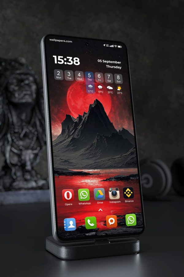 Phone Wallpaper 7452 - Crimson Moon Over Dark Mountain Peaks