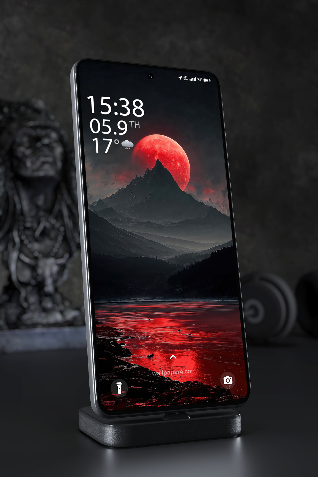 Mobile Wallpaper 7452 - Crimson Moon Over Dark Mountain Peaks