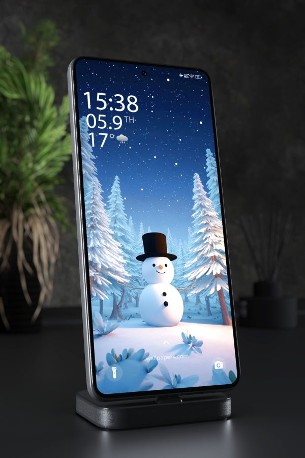 Phone Wallpaper 7455 - Cheerful Snowman in a Magical Winter Forest