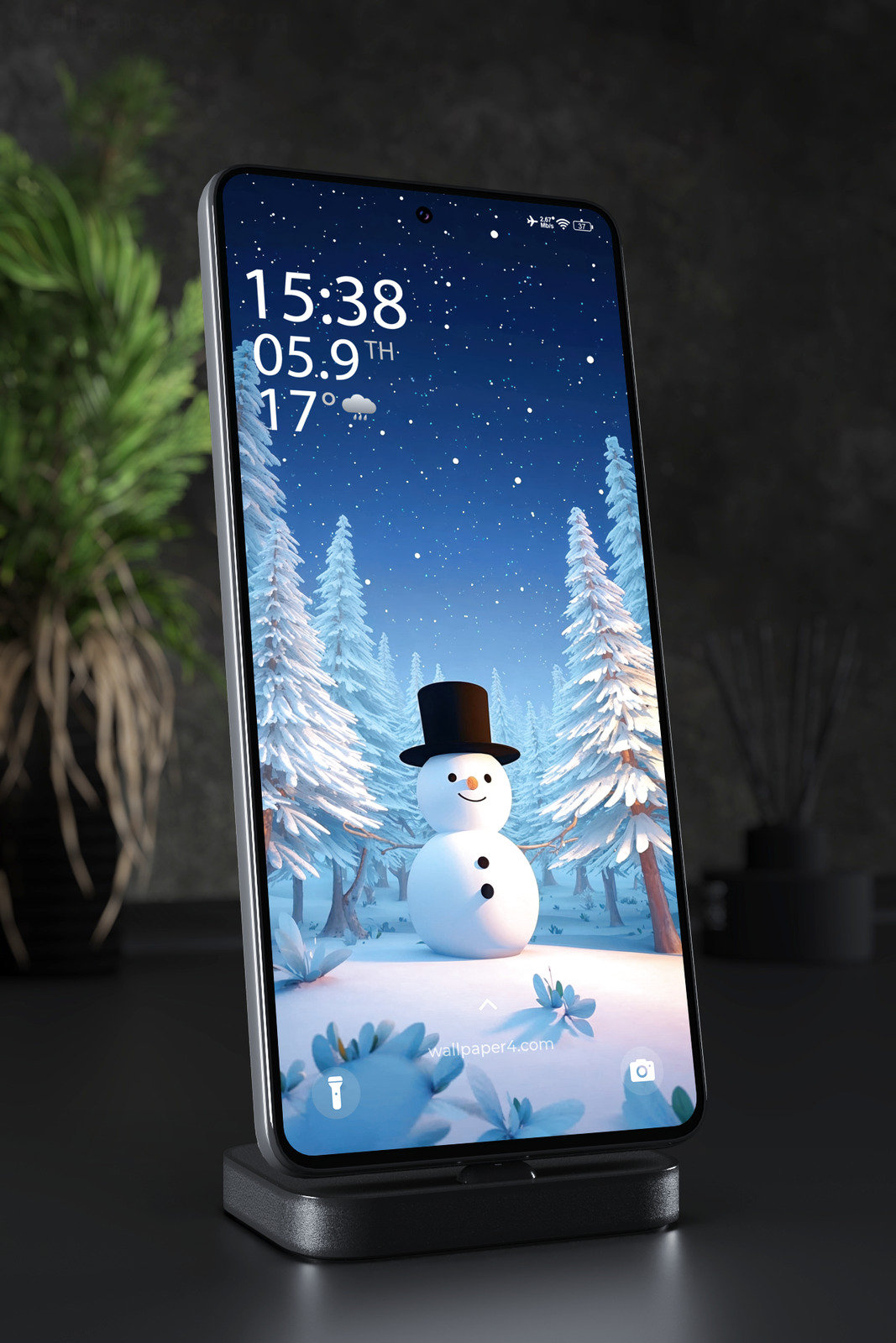 Phone Wallpaper 7455 - Cheerful Snowman in a Magical Winter Forest