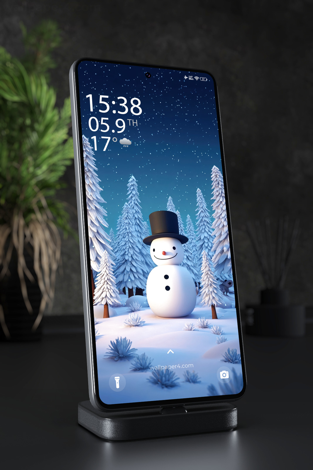 Mobile Wallpaper 7455 - Cheerful Snowman in a Magical Winter Forest
