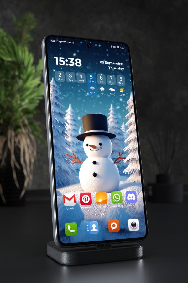 Mobile Wallpaper 7455 - Cheerful Snowman in a Magical Winter Forest
