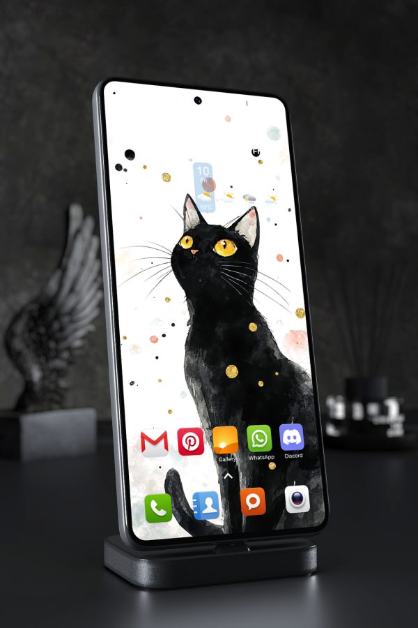 Phone Wallpaper 7467 - Curious Black Cat Watercolor Art