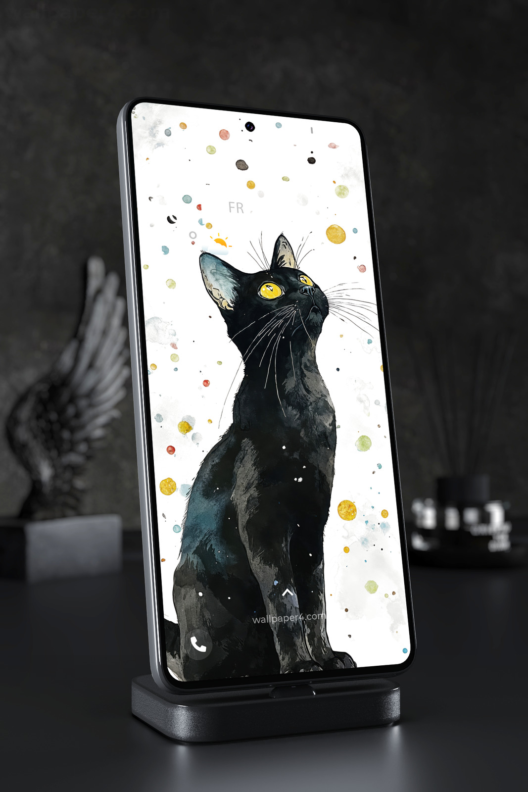 Mobile Wallpaper 7467 - Curious Black Cat Watercolor Art