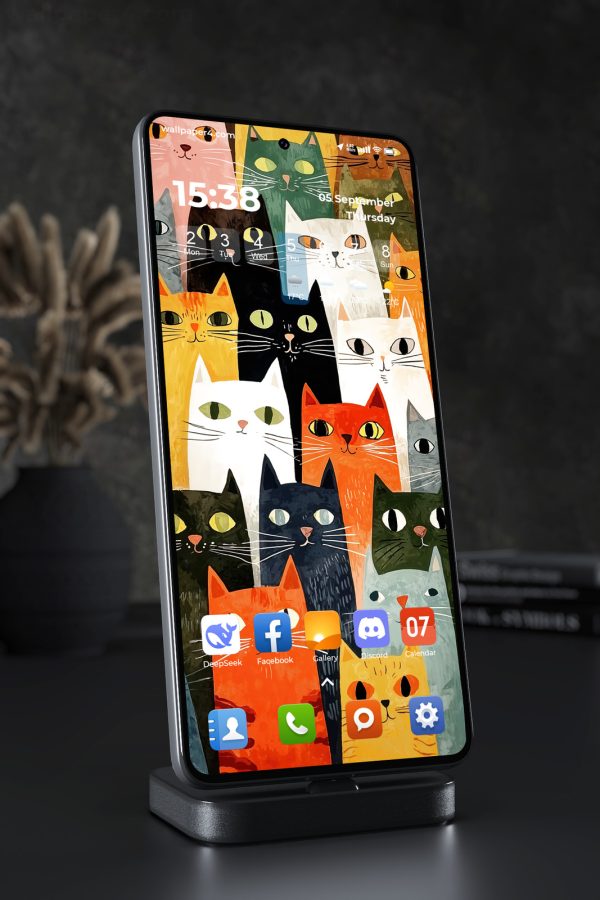 Phone Wallpaper 7471 - Colorful Cat Crowd in Whimsical Folk Art
