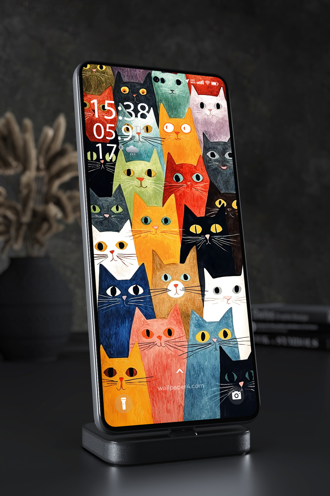 Mobile Wallpaper 7471 - Colorful Cat Crowd in Whimsical Folk Art