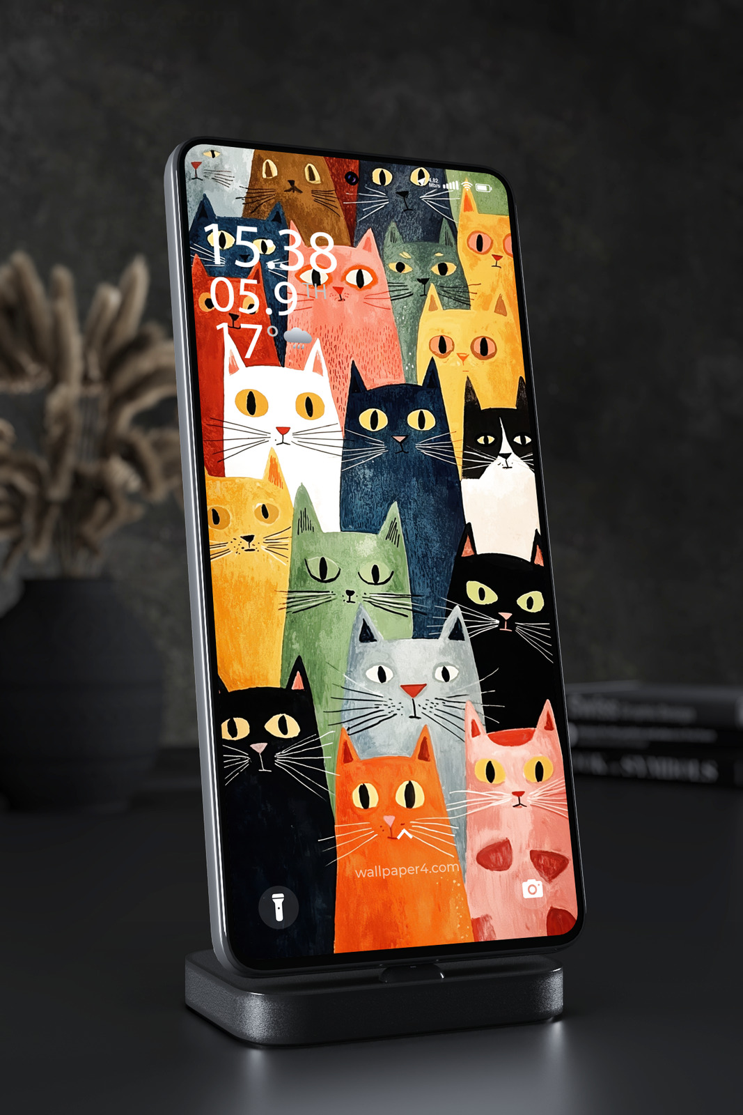 Mobile Wallpaper 7471 - Colorful Cat Crowd in Whimsical Folk Art
