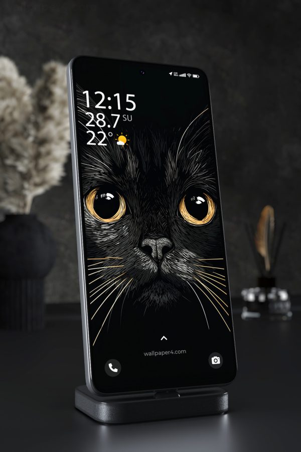 Phone Wallpaper 7475 - Black Cat with Golden Eyes Dark Art Portrait
