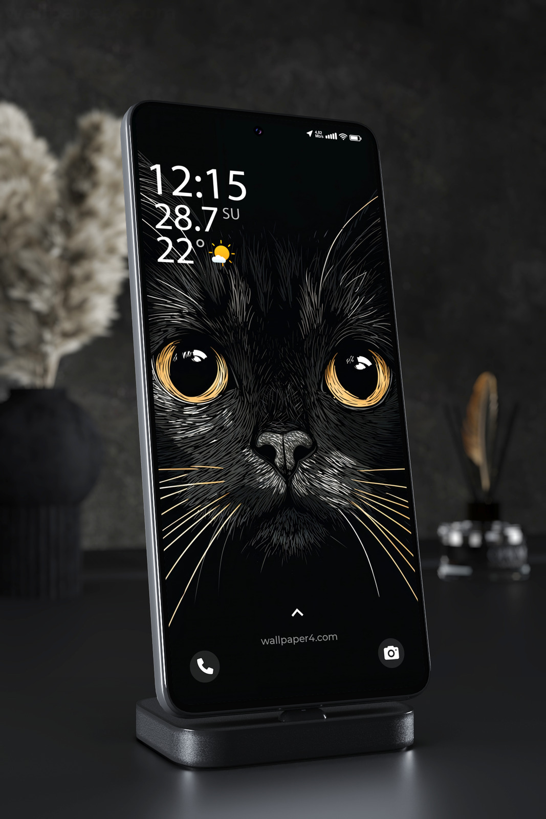 Phone Wallpaper 7475 - Black Cat with Golden Eyes Dark Art Portrait