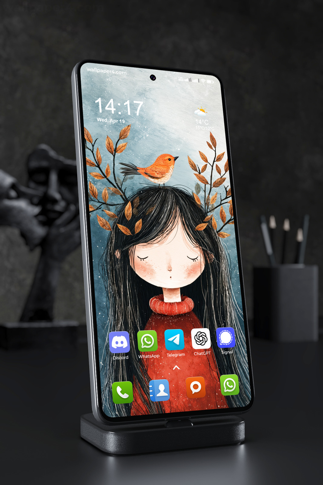 Phone Wallpaper 7500 - Whimsical Autumn Girl with Orange Bird