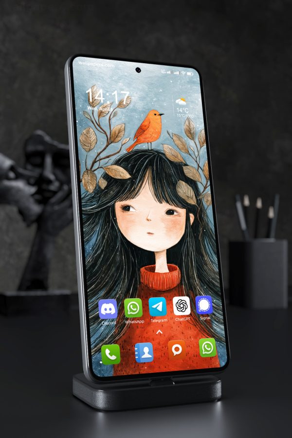 Mobile Wallpaper 7500 - Whimsical Autumn Girl with Orange Bird