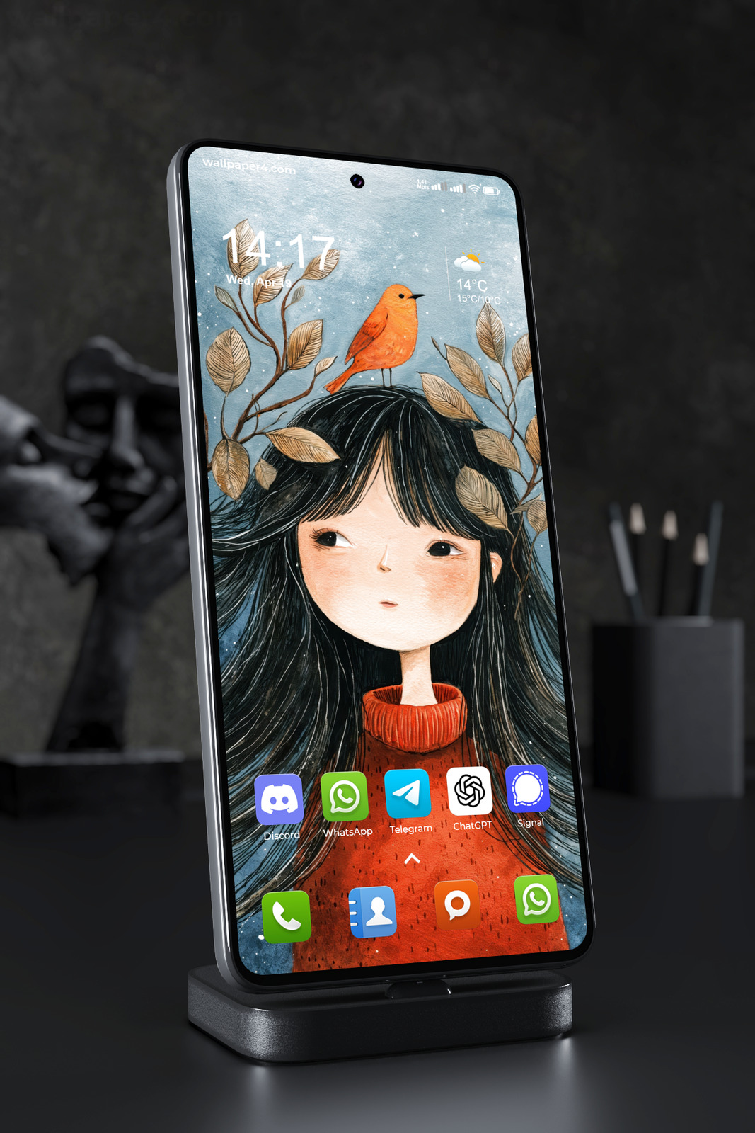 Mobile Wallpaper 7500 - Whimsical Autumn Girl with Orange Bird