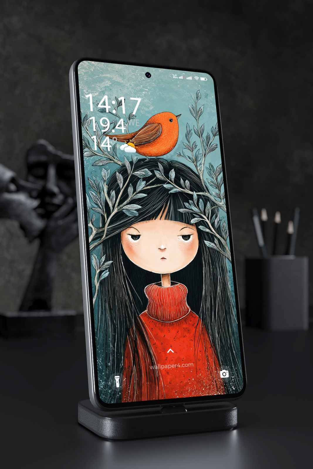 Mobile Wallpaper 7500 - Whimsical Autumn Girl with Orange Bird