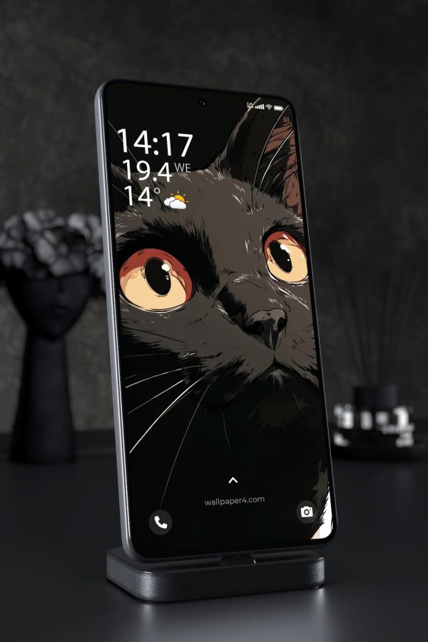 Mobile Wallpaper 7505 - Black Cat Close-Up with Glowing Amber Eyes