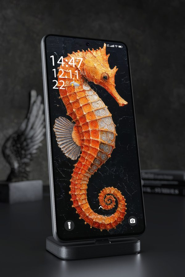 Phone Wallpaper 7508 - Golden Seahorse Art on Deep Black Background