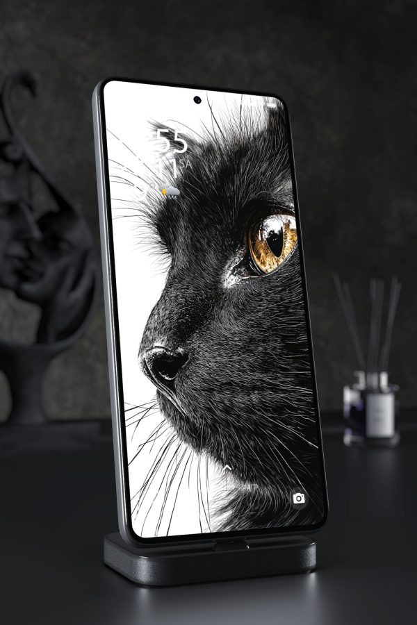 Phone Wallpaper 7525 - Black Cat Golden Eye Macro Portrait in Monochrome